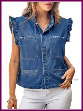 Ruffle Sleeve Denim Vest Cropped Jean Jacket Casual Women's